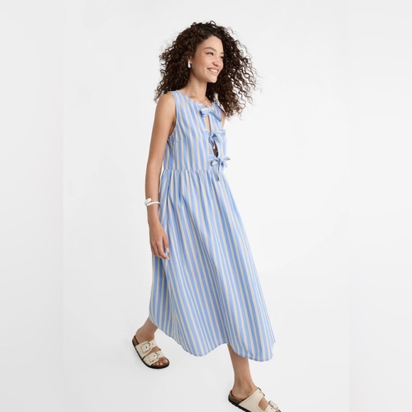 Tie front bows midi dress babydoll maxi Stradivarius Asos striped sleeveless - Picture 7 of 8